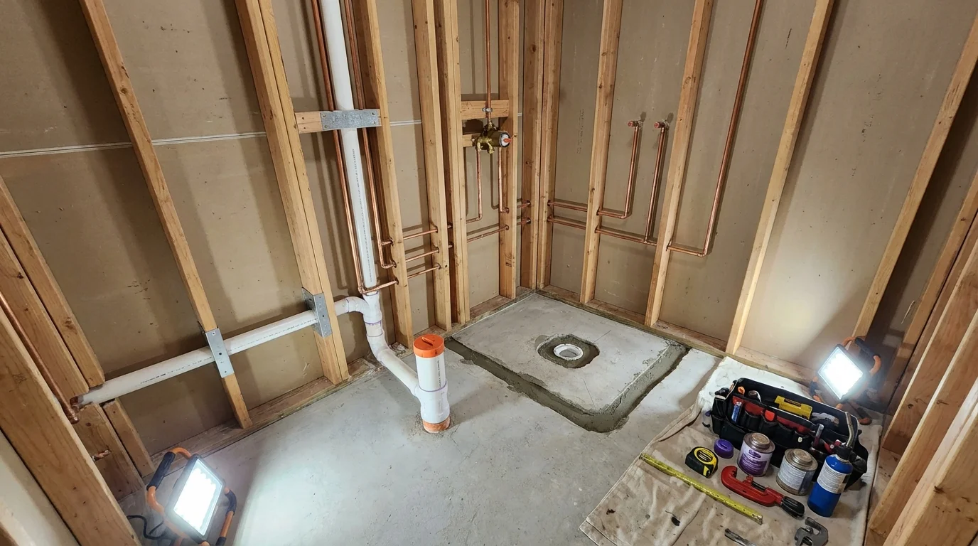 Bathroom rough-in plumbing during remodel by Johns Plumbing LLC in Jamaica Plain