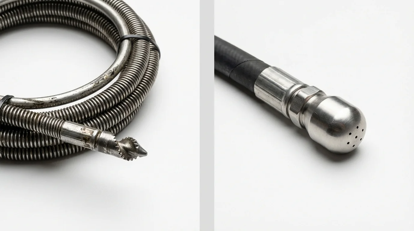 Drain snake cable and hydro jetting nozzle used for drain cleaning in Jamaica Plain, MA