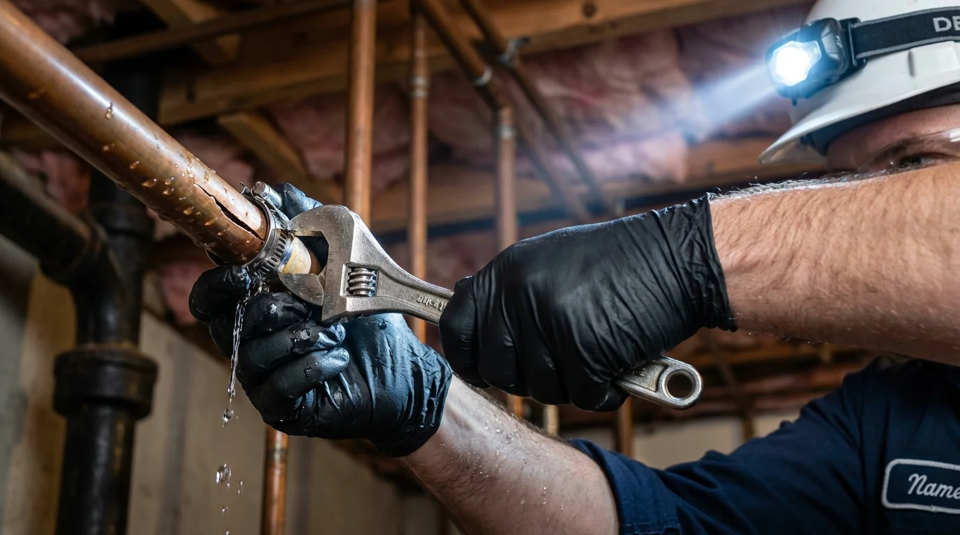 Emergency pipe clamp repair being performed by a Johns Plumbing LLC plumber in Jamaica Plain
