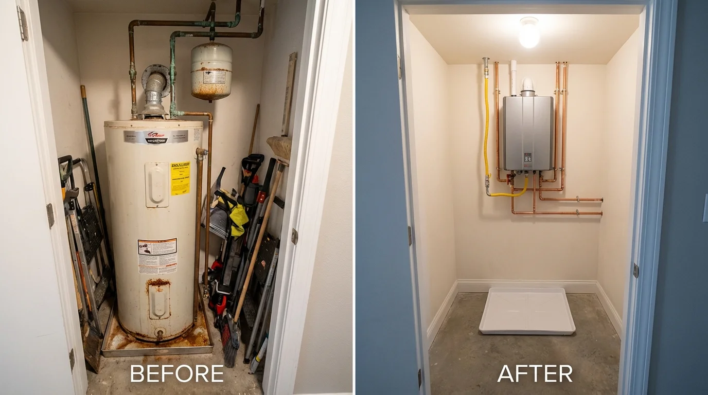 Tank water heater versus wall-mounted tankless unit comparison for Jamaica Plain, MA homeowners