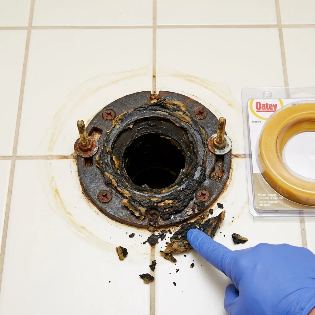 Failed wax ring showing water seepage at the base of a toilet in a Jamaica Plain, MA home