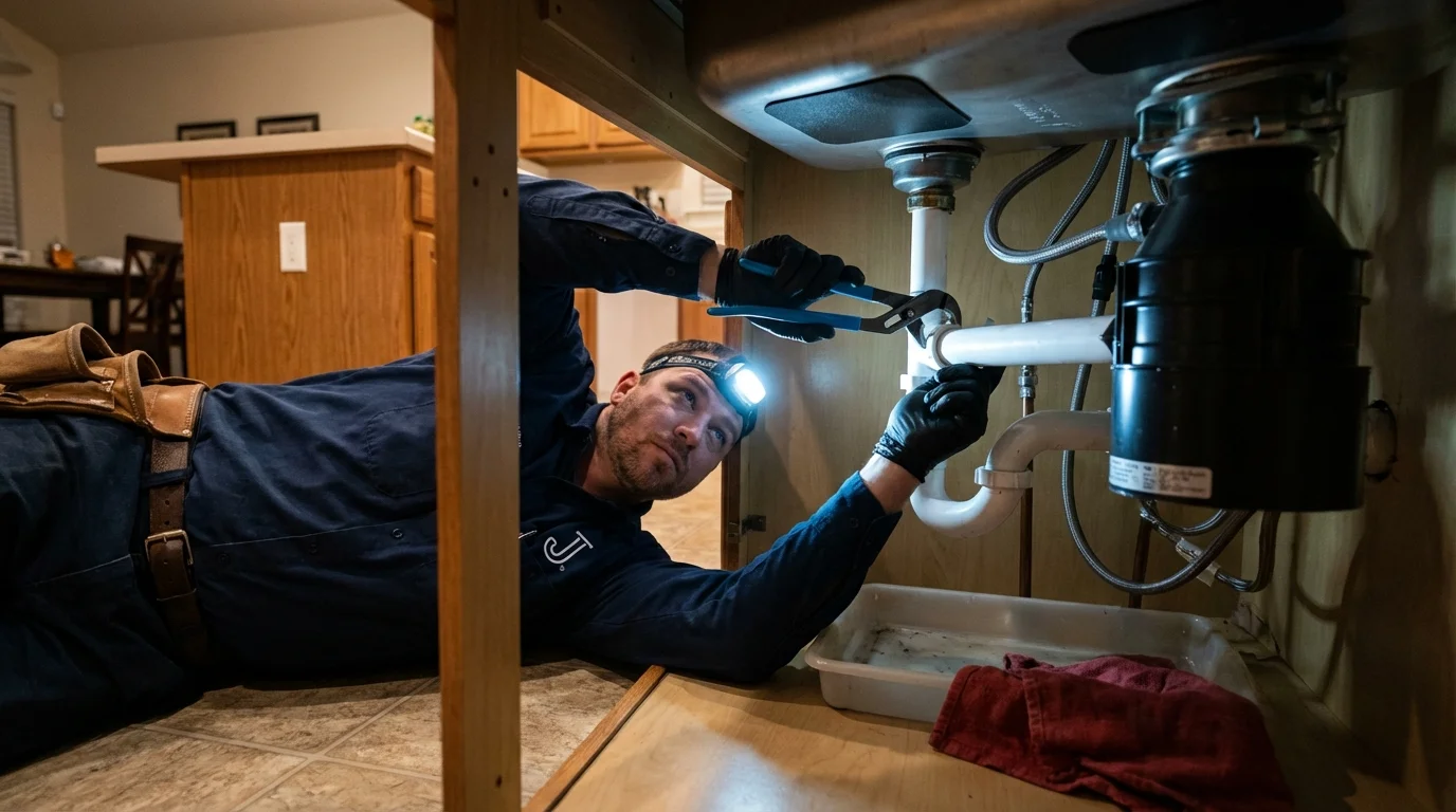P-trap and supply line connections under a kitchen sink showing a common leak point in Jamaica Plain, MA